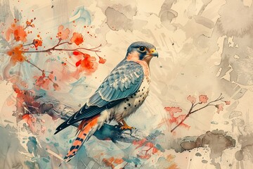 Amur Falcon in flight watercolor clipart 80s retro vibe with a splash of neon colors against a minimalist background - obrazy, fototapety, plakaty