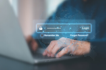 Businessman and screen login username and password identity or sign up register of cyber security internet access join social or personal data protection or forget pass key unlock.