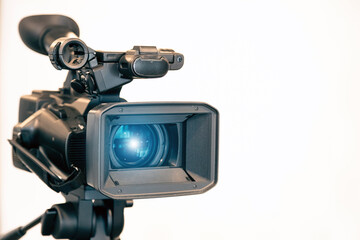 Video camera with blur background for journalist interview broadcasting reporter news or press...