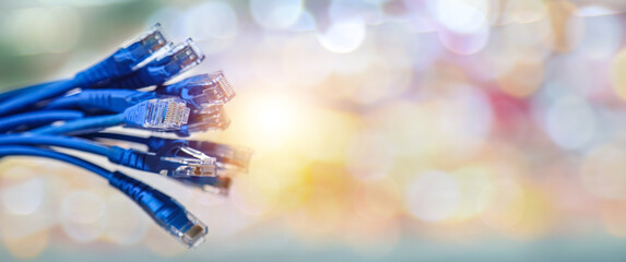 Lots of RJ45 UTP Cat6 LAN internet network cable fiber optic and Ethernet cables with computer icons data link connect cloud computing server networking devices system to switch or hub modem router.