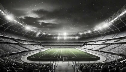 an empty football stadium in black and white with the lights on at night 