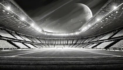 Firefly an empty football stadium in black and white with the lights on at night 
