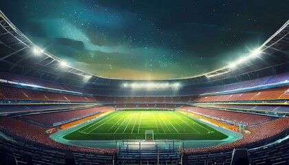 An empty football stadium with the lights on at night colorful background created with AI