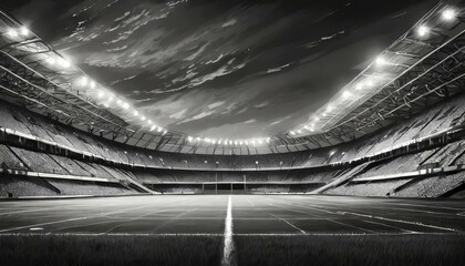 An empty football stadium in black and white with the lights on at night 