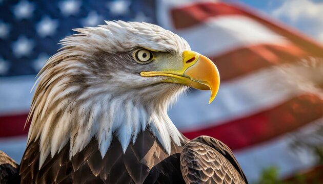 An American eagle with an American flag waving in the background slightly out of focus 