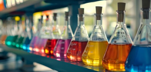 Colorful Laboratory Flasks in a Science Research Lab.