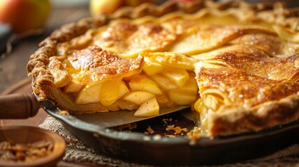 A golden apple pie being sliced, with the filling oozing out - obrazy, fototapety, plakaty