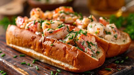 A gourmet lobster roll on a toasted bun with chives - obrazy, fototapety, plakaty