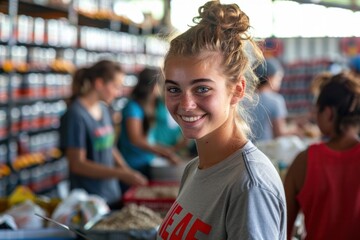Cheerful young woman wearing a volunteer t-shirt, surrounded by a diverse group sorting through donated items in a brightly lit community center, emphasizing generosity and teamwor