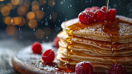 A waterfall of maple syrup cascading over a stack of fluffy pancakes