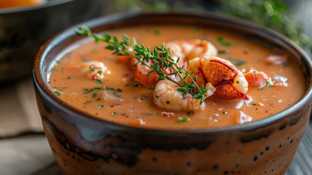 A gourmet lobster bisque with a sprig of fresh thyme