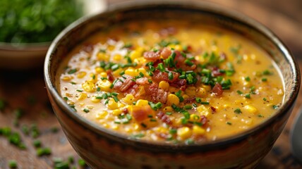A bowl of corn chowder with bacon bits and chives