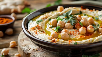 A bowl of hummus with olive oil, paprika, and whole chickpeas