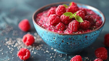 A bowl of raspberry chia seed pudding with fresh raspberries on top