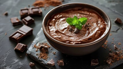 A bowl of rich chocolate mousse with a mint leaf garnish - obrazy, fototapety, plakaty