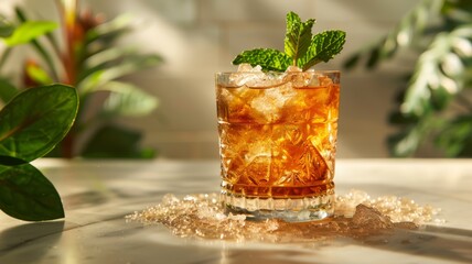 A glass of mint julep with fresh mint, crushed ice, and bourbon - obrazy, fototapety, plakaty