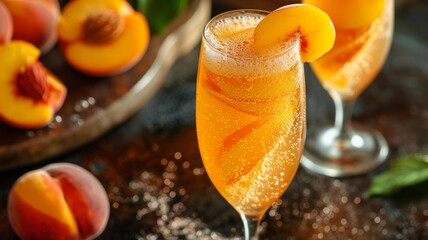 A glass of peach bellini with peach slices and fizzy bubbles