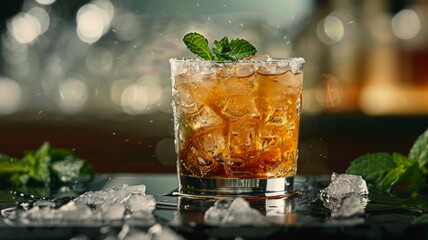 A glass of mint julep with fresh mint and crushed ice - obrazy, fototapety, plakaty