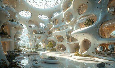Buildings of futuristic architecture fused with sustainable modern technology - obrazy, fototapety, plakaty