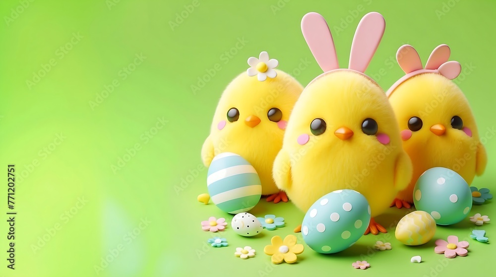 Wall mural 3d cute easter chicken and eggs