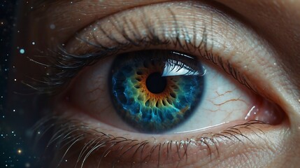 Ethereal illustration of a human eye, with the iris revealing a galaxy, reflecting the concept of universal vision and inner insight

 - obrazy, fototapety, plakaty