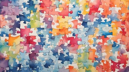 watercolor background with colored puzzles, autism awareness concept.

