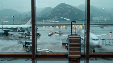 A suitcase is seen next to an airport window with the view of planes on the tarmac - obrazy, fototapety, plakaty