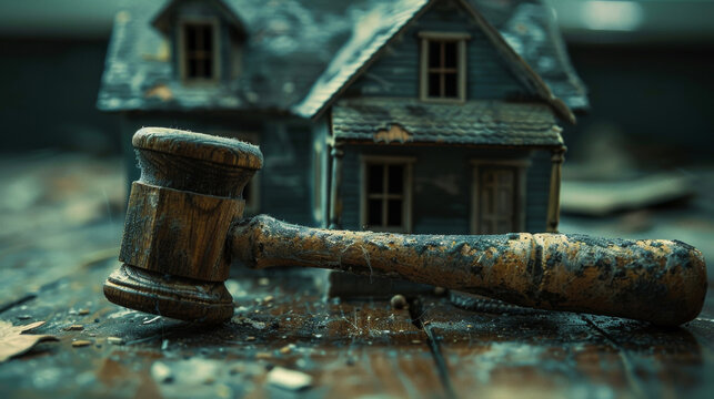 Close-up of an auction hammer and a model house, real estate market volatility,