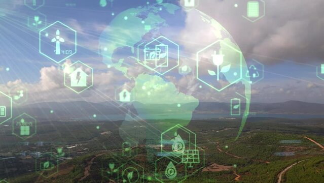 Green forest aerial view and environmental technology concept. Green tech. Ecology. Green transformation. GX. SDGs. High quality 4k footage