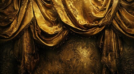 the sumptuous embrace of a golden velvet curtain, its soft folds whispering secrets of grandeur and majesty. - obrazy, fototapety, plakaty