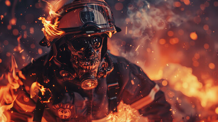 Firefighter zombie battling flames, expression of bravery, amidst a raging fire scene - obrazy, fototapety, plakaty