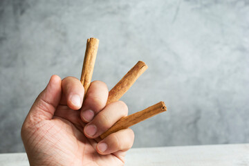 A view of a hand holding cinnamon sticks in between the fingers.