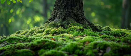 Lush moss on an ancient tree, a microcosm of forest life, - obrazy, fototapety, plakaty