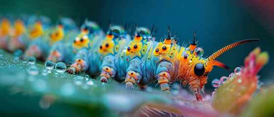 Macro of a caterpillar on its journey, vibrant skin patterns,