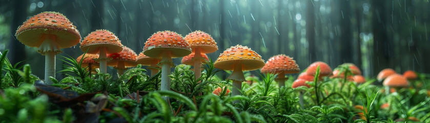 Mushroom caps in a forest, detailed underside view, - obrazy, fototapety, plakaty