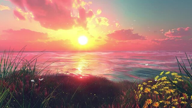 early summer morning  with a beautiful sunrise scene. seamless looping overlay 4k virtual video animation background