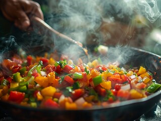 Closeup, hand stirring a colorful stew, photorealistic detail, natural lighting ,digital photography,Prime Lenses - obrazy, fototapety, plakaty