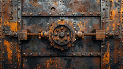 Fototapeta na wymiar Vintage bank vault door, intricate locking mechanism,