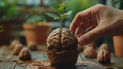 A hand planting seeds in a brain-shaped pot, growing ideas and thoughts, - obrazy, fototapety, plakaty