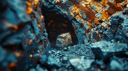 Copper veins in a blurred mine entrance, industrial gem - obrazy, fototapety, plakaty