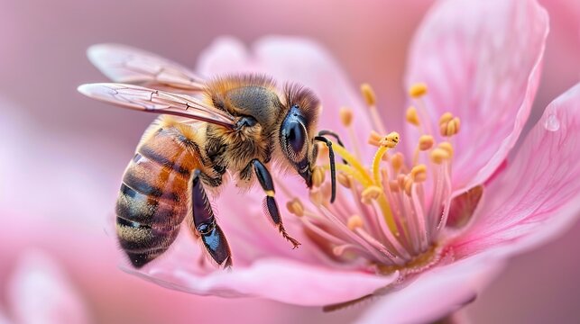 Guardian of Growth Majestic closeup of a honeybee, its role as a guardian of biodiversity captured, showcasing the symbiotic relationship between flora and pollinator , high-resolution