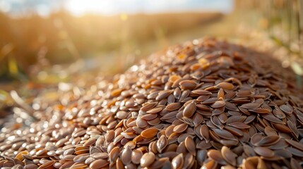 Flax seeds scattered with a hazy agricultural field behind, - obrazy, fototapety, plakaty
