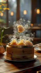 Floating dim sum in steam, commercial 3D illustrate dining