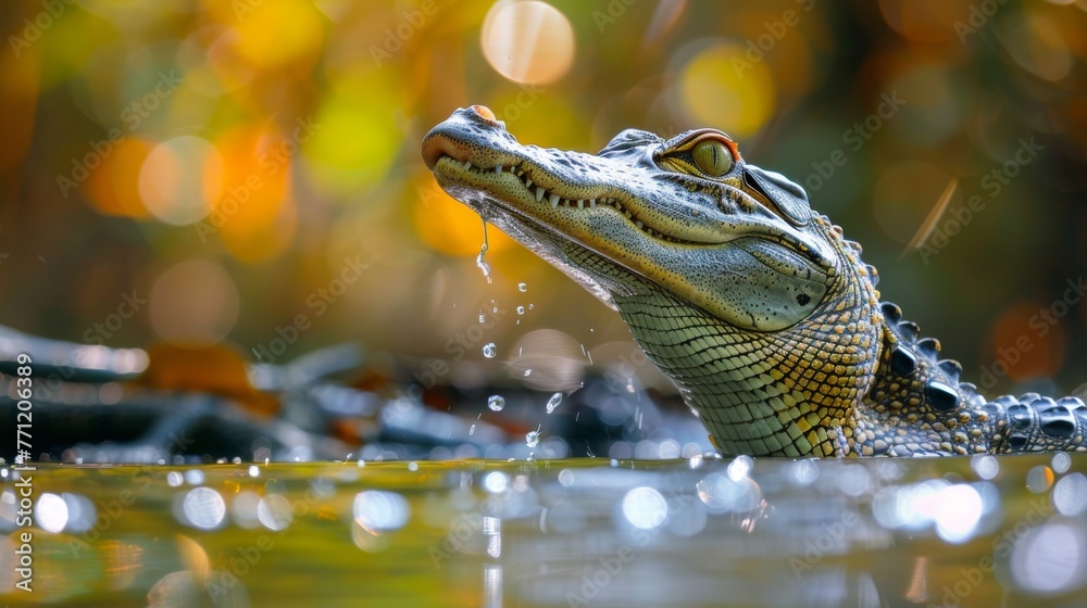 Wall mural gharial on a riverbank, water sparkling, background blurred,