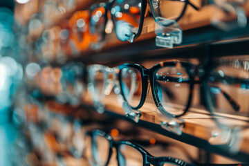 A display rack of eyeglasses in a store