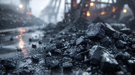 Freshly mined coal on a blurred industrial scene, energy source,