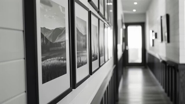 A hallway lined with framed black and white landscape photographs reminiscent of natures simplicity and serenity. . .