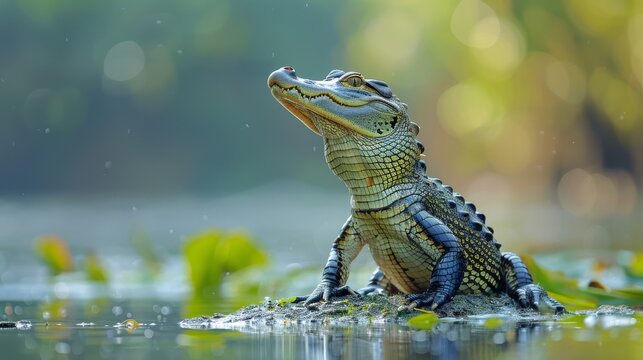 Gharial on a riverbank, water sparkling, background blurred,