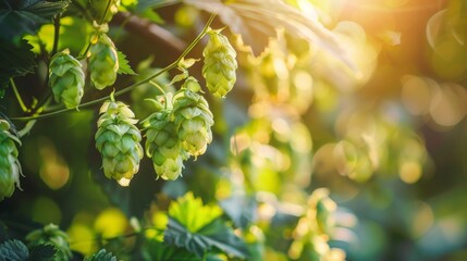 Hops cones on a blurred brewery background, beer’s essence - obrazy, fototapety, plakaty