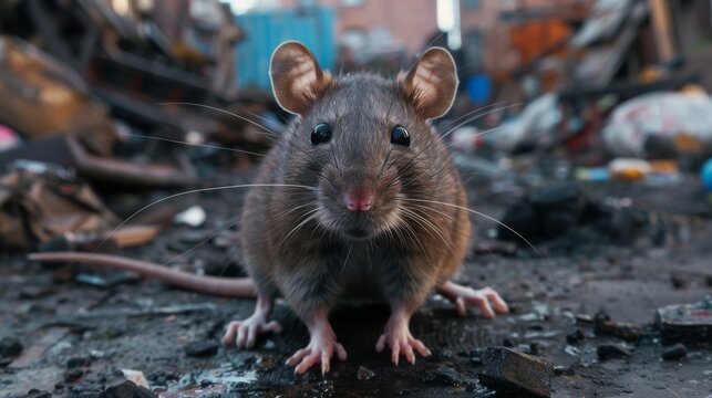 Intense focus on a rat’s claws and teeth, trash and debris blurred in the background